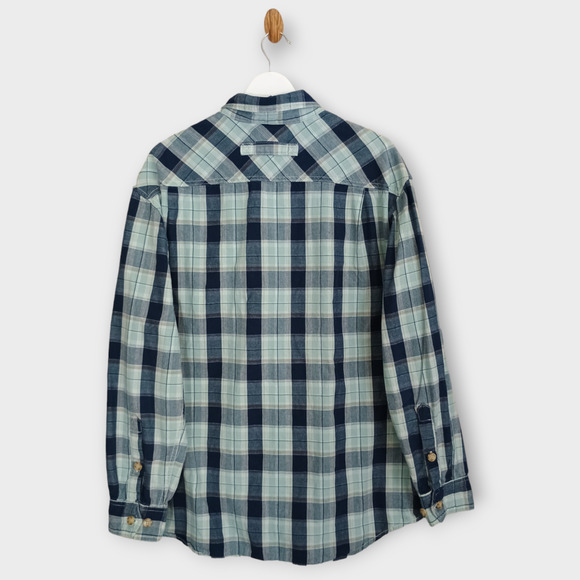 Duluth Trading Shirt Men's Large Tall Blue Plaid Flannel Cabincore Button Down - Picture 2 of 10